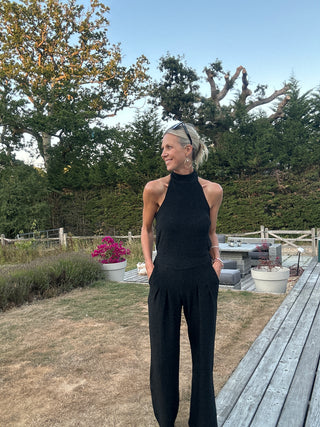 Caro Sleeveless, Wide Leg, Halter Neck Jumpsuit with Low Back - Black and Lurex: Black, Gold, Silver