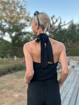 Caro Sleeveless, Wide Leg, Halter Neck Jumpsuit with Low Back - Black and Lurex: Black, Gold, Silver