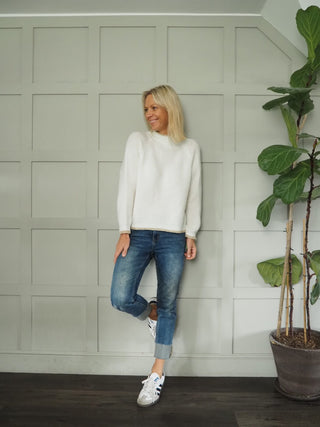 Tash Turtle Neck, Lurex Trim Jumper - Pastel Green and Winter White