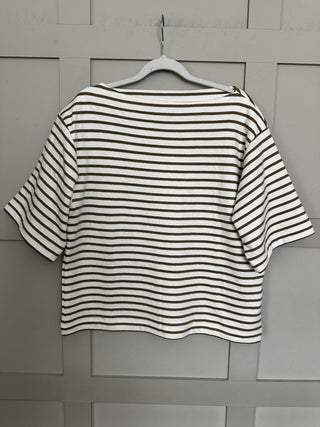 Lingina Stripe Short Sleeve Sweatshirt with Boat Neck by Soaked - Ecru/Fawn Stripes
