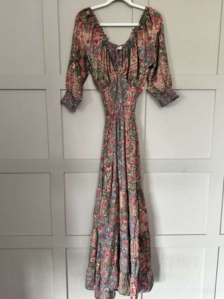 Reta 3/4 Sleeved V-Neck Gypsy Style Dress - Ecru, Pink, Turquoise