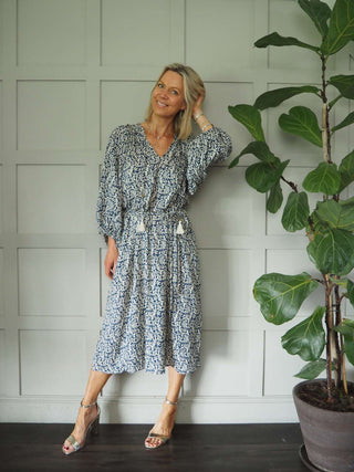 Lara V-Neck Patterned Dress - Cream/Navy Blue