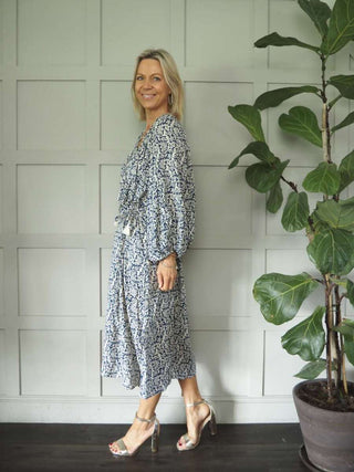 Lara V-Neck Patterned Dress - Cream/Navy Blue