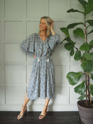 Lara V-Neck Patterned Dress - Cream/Navy Blue