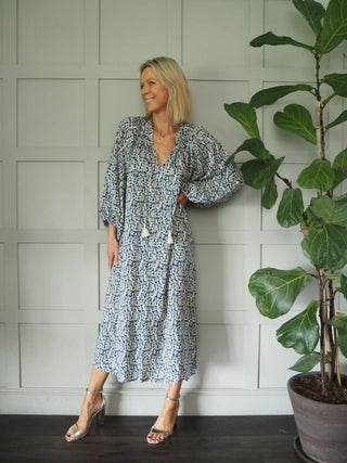 Lara V-Neck Patterned Dress - Cream/Navy Blue