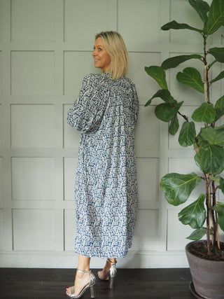 Lara V-Neck Patterned Dress - Cream/Navy Blue