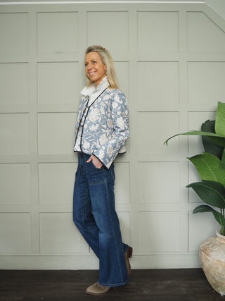 Cambridge Reversible Jacket, Velvet/Floral Print - Pale Blue/Off White