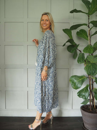 Lara V-Neck Patterned Dress - Cream/Navy Blue