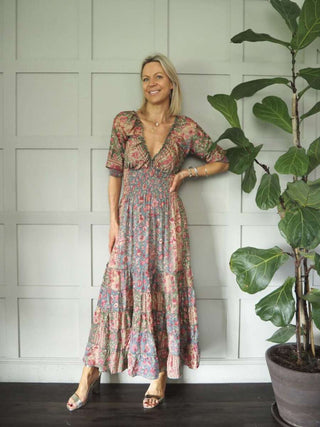 Reta 3/4 Sleeved V-Neck Gypsy Style Dress - Ecru, Pink, Turquoise