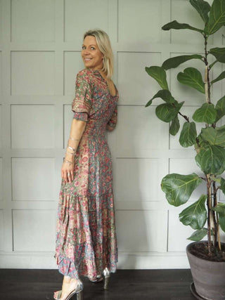 Reta 3/4 Sleeved V-Neck Gypsy Style Dress - Ecru, Pink, Turquoise