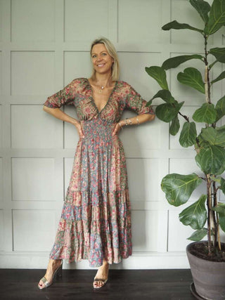 Reta 3/4 Sleeved V-Neck Gypsy Style Dress - Ecru, Pink, Turquoise