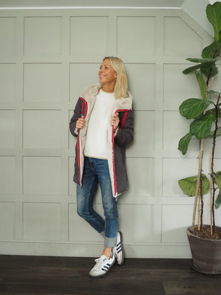 Javin Fully Reversible Faux Fur Coat, with Zip Fastening &amp; Drawstring Hood by Rino &amp; Pelle - Graphite/Birch and Hunter/Birch