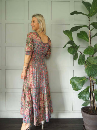 Reta 3/4 Sleeved V-Neck Gypsy Style Dress - Ecru, Pink, Turquoise