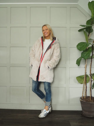 Javin Fully Reversible Faux Fur Coat, with Zip Fastening &amp; Drawstring Hood by Rino &amp; Pelle - Graphite/Birch and Hunter/Birch