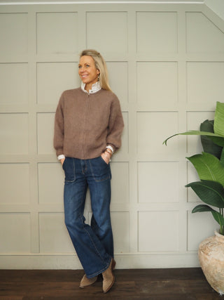 Maine Bomber Style Zip up Knit - Mocha