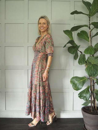 Reta 3/4 Sleeved V-Neck Gypsy Style Dress - Ecru, Pink, Turquoise