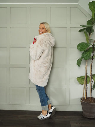 Javin Fully Reversible Faux Fur Coat, with Zip Fastening &amp; Drawstring Hood by Rino &amp; Pelle - Graphite/Birch and Hunter/Birch