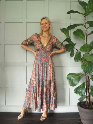 Reta 3/4 Sleeved V-Neck Gypsy Style Dress - Ecru, Pink, Turquoise