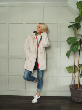 Javin Fully Reversible Faux Fur Coat, with Zip Fastening &amp; Drawstring Hood by Rino &amp; Pelle - Graphite/Birch and Hunter/Birch