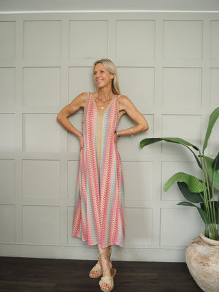 Mizzo Dress with Gold Lurex Detailing - Blue, Green, Khaki, Pink