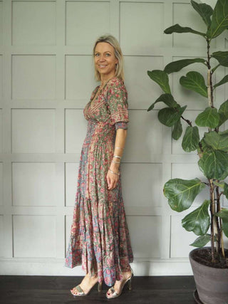 Reta 3/4 Sleeved V-Neck Gypsy Style Dress - Ecru, Pink, Turquoise