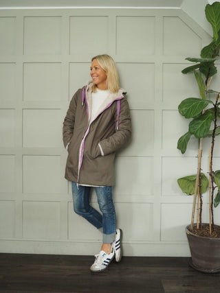 Javin Fully Reversible Faux Fur Coat, with Zip Fastening &amp; Drawstring Hood by Rino &amp; Pelle - Graphite/Birch and Hunter/Birch