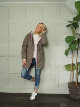 Javin Fully Reversible Faux Fur Coat, with Zip Fastening &amp; Drawstring Hood by Rino &amp; Pelle - Graphite/Birch and Hunter/Birch