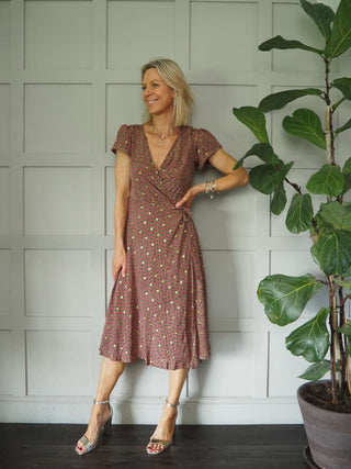 Litzia Silk Feel Wrap Dress with Floral Design - Blue, Pink