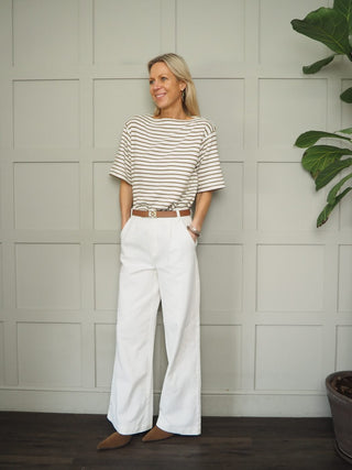 Lingina Stripe Short Sleeve Sweatshirt with Boat Neck by Soaked - Ecru/Fawn Stripes