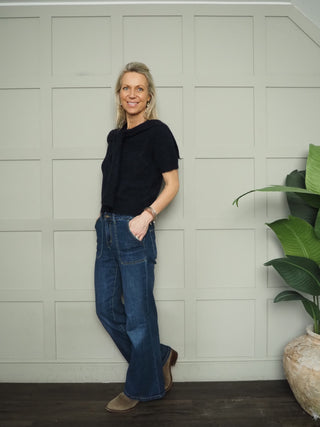 Cottie Short Sleeve Jumper with Scarf - Ecru, Navy Blue, Sand