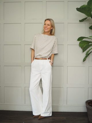 Lingina Stripe Short Sleeve Sweatshirt with Boat Neck by Soaked - Ecru/Fawn Stripes