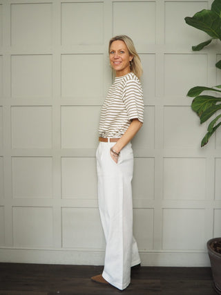 Lingina Stripe Short Sleeve Sweatshirt with Boat Neck by Soaked - Ecru/Fawn Stripes