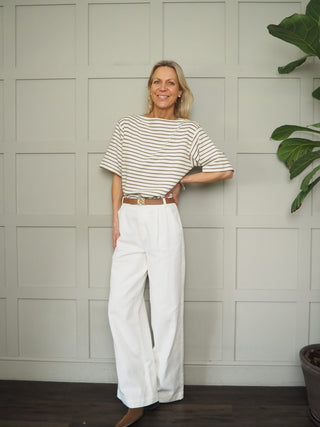 Lingina Stripe Short Sleeve Sweatshirt with Boat Neck by Soaked - Ecru/Fawn Stripes