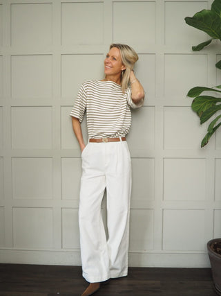 Lingina Stripe Short Sleeve Sweatshirt with Boat Neck by Soaked - Ecru/Fawn Stripes