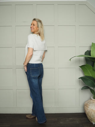 Cottie Short Sleeve Jumper with Scarf - Ecru, Navy Blue, Sand