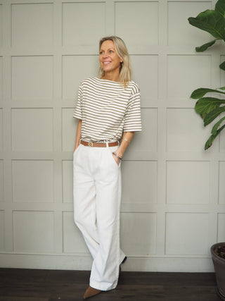 Lingina Stripe Short Sleeve Sweatshirt with Boat Neck by Soaked - Ecru/Fawn Stripes