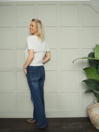 Cottie Short Sleeve Jumper with Scarf - Ecru, Navy Blue, Sand