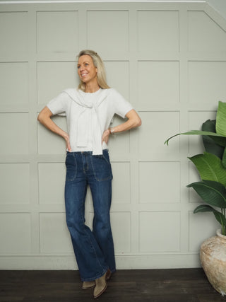 Cottie Short Sleeve Jumper with Scarf - Ecru, Navy Blue, Sand