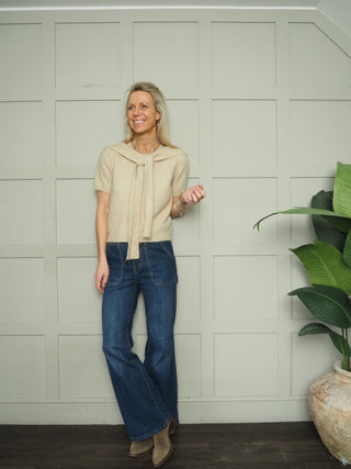 Cottie Short Sleeve Jumper with Scarf - Ecru, Navy Blue, Sand