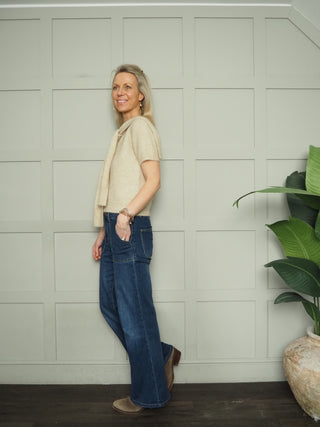 Cottie Short Sleeve Jumper with Scarf - Ecru, Navy Blue, Sand