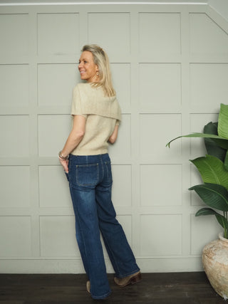 Cottie Short Sleeve Jumper with Scarf - Ecru, Navy Blue, Sand