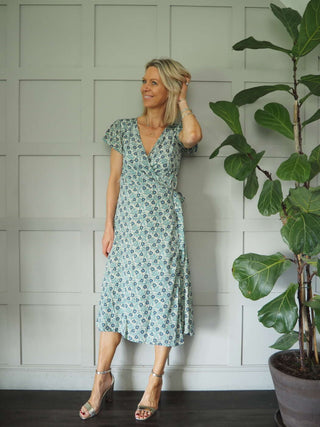 Litzia Silk Feel Wrap Dress with Floral Design - Blue, Pink