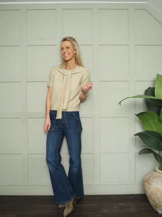 Cottie Short Sleeve Jumper with Scarf - Ecru, Navy Blue, Sand