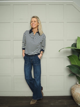 Dune Stripe Sweatshirt with Peter Pan Collar - Navy Blue/Off White
