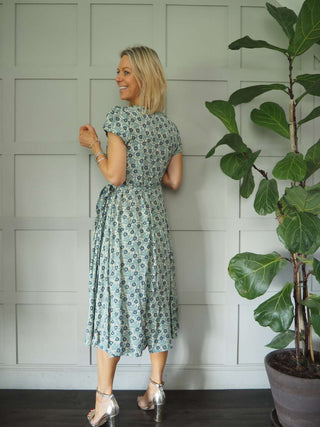 Litzia Silk Feel Wrap Dress with Floral Design - Blue, Pink