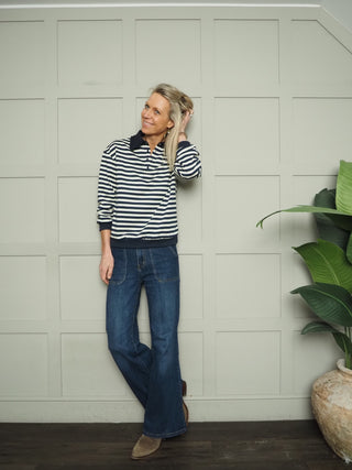 Dune Stripe Sweatshirt with Peter Pan Collar - Navy Blue/Off White