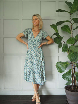 Litzia Silk Feel Wrap Dress with Floral Design - Blue, Pink