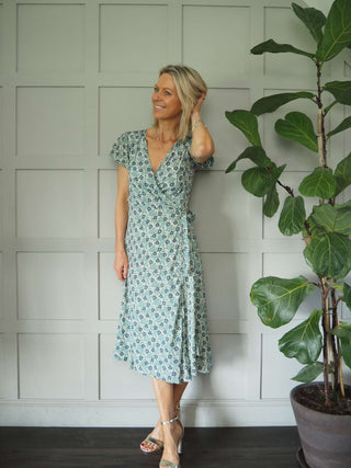 Litzia Silk Feel Wrap Dress with Floral Design - Blue, Pink