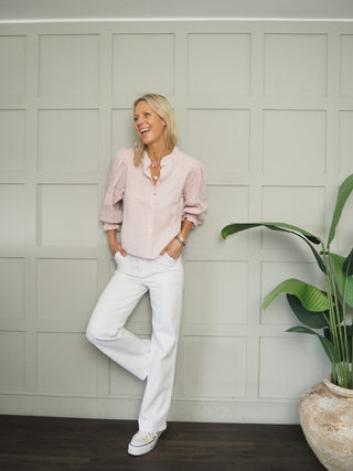 Zorny Cotton Embroidered Blouse with Cropped Sleeves - Navy Blue, Pale Pink, Sky Blue, White