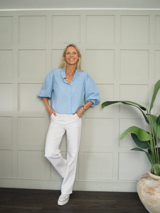 Zorny Cotton Embroidered Blouse with Cropped Sleeves - Navy Blue, Pale Pink, Sky Blue, White